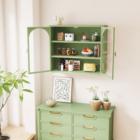 Mueble armario mural con cristal y tres niveles verde OKMYHOME (1/5)