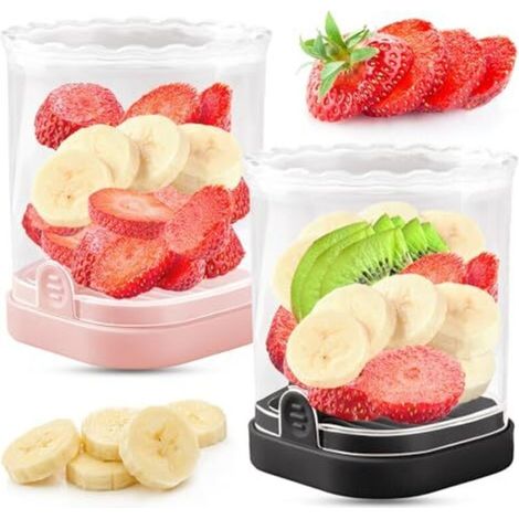 Multifunktionaler Obstschneider in Schwarz und Rosa – zum Schneiden von Erdbeeren, Bananen, Weintrauben und Eiern mit abnehmbarer Schieberplatte – kreatives Design
