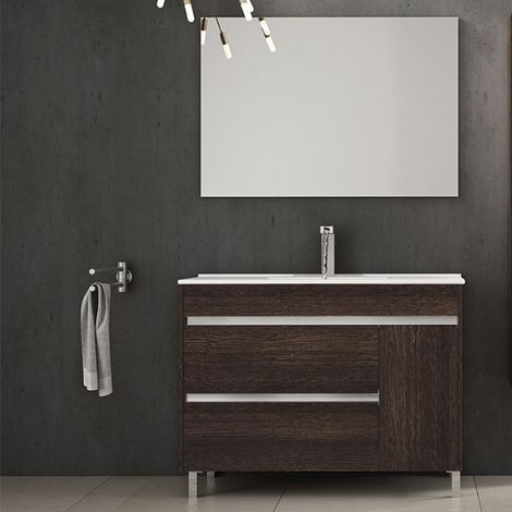 Mueble de baño Caprera 3 piezas – mueble, lavabo + espejo. Se envía montado 90CM seno desplazado a izquierda Roble Evasion