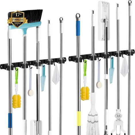 Lot de 2 supports 5 supports + 4 crochets Porte-balais mural, porte-balais mural sans perçage, rangement balai, noir (1/5)