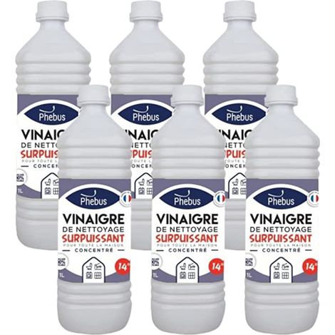 DSTOCK60 - LOT DE 6 BOUTEILLES DE 1 LITRE DE VINAIGRE BLANC NATUREL CONCENTRE 14 Degrés (PHEBUS produit d'origine garantie) - DEGRAISSE. DETARTRE. DESHERBE - MAISON et JARDINAGE