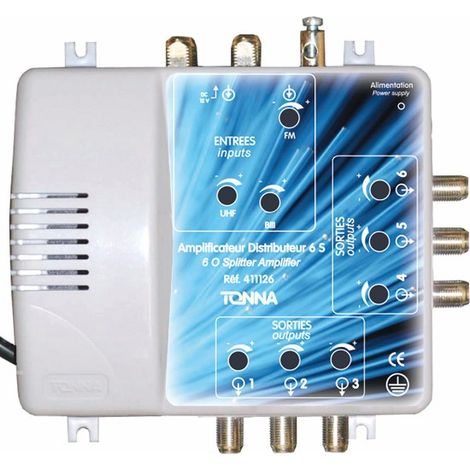 Amplificateur distributeur 2 entrées 6 sorties FM / BIII + UHF TONNA 411126 - Gain 22 dB, Bande passante 170 à 230 + 470 à 862 MHz (1/2)