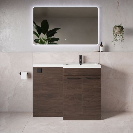 Napoli 390 Brown Oak 1100mm 2 Door Vanity Unit Toilet Suite with Square Right Hand Lucia Basin - 1100mm - Matt Black 160mm HandleWithout Kingston Toilet Pan