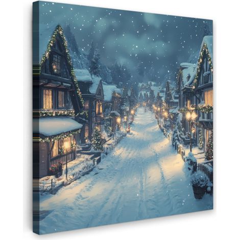CUADRO EN LIENZO Pueblo navideño - Navidad - Nieve - Invierno Decoracion Pared Salon 20x20 cm