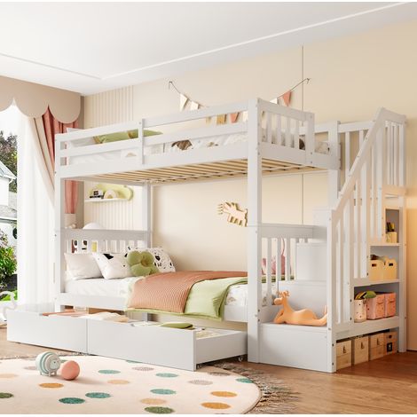 lit superposé enfant escalier rangement 90x200 blanc OKMYHOME (1/5)