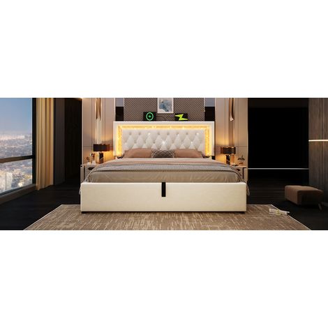 Cama 160x200 cm de terciopelo beige con LED y almacenaje, ahorra espacio, sin colchón – MEUBLIV (1/5)