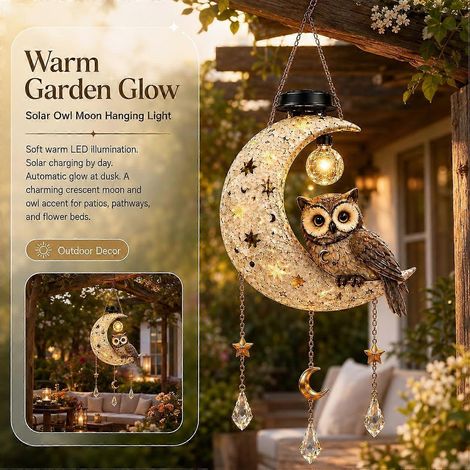 Lot de 2 guirlandes lumineuses solaires hibou et lune décoration Halloween extérieure jardin terrasse design suspendu LED (1/3)