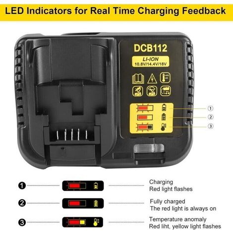 Chargeur rapide compatible avec batterie Li-ion Dewalt 10,8 V 12 V 14,4 V 18 V et 20 V DCB184 DCB183 DCB184 DCB182 DCB204 DCB205 DCB125 DCB127 Chargeur de remplacement pour DCB609 DCB612 (1/5)