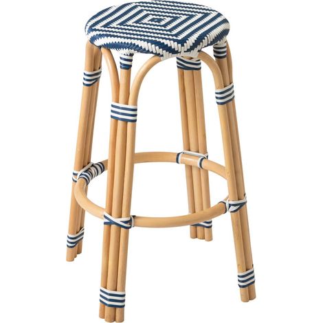 Tabouret de Bar en Rotin "Geo" 66cm Bleu & Blanc