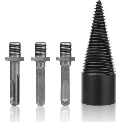 QAZQA Foret de Fendage de Bois, Foret Conique, Foret À Bois pour Fendre du Bois 38mm, Durable Outil De Broyage De Bois De Cône De Vis De Fendage avec 3 Poignées de Forage, Carré/Rond/Hexagonal