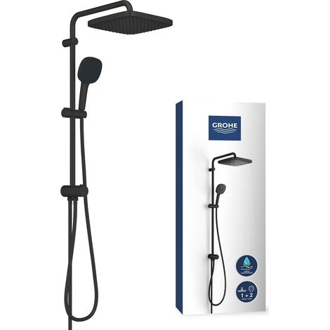 Colonne de Douche avec Inverseur Manuel, Douche de Tête Carrée 25cm 2 jets (Pluie/SmartRain), Douchette Carrée 11cm 2 jets (Pluie/Stimulant), Economie d'Eau, Noir Mat, 266982431 (1/5)