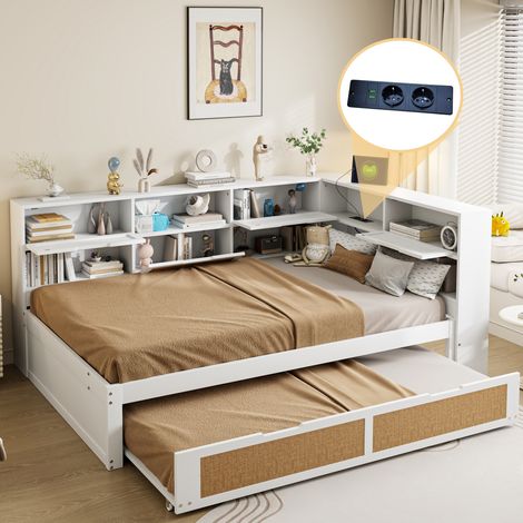 lit adulte rangement gigogne 140x200 bois blanc usb HAVRYA (1/5)