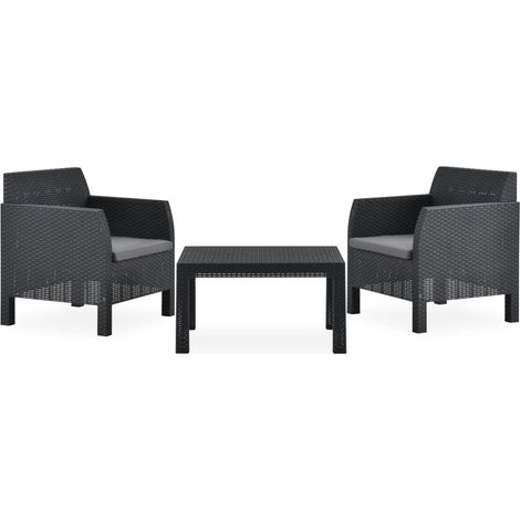 Salon de jardin 3 pcs Ensemble Table et Chaise de Jardin - avec coussins PP Rotin Anthracite BV711204 - BonneVie (1/5)