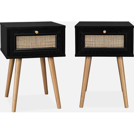 Mesita de noche de 1 cajón con efecto madera y caña, set de 2