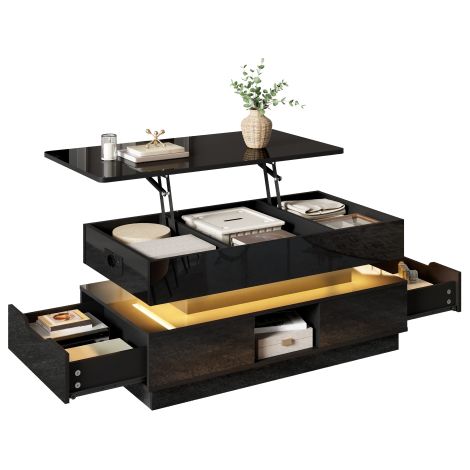 Table basse brillante relevable LED prise tiroirs rangement (1/5)
