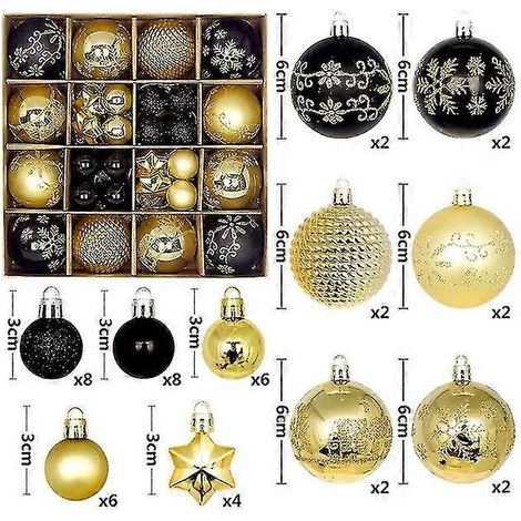Boules de Noël pour sapin : 44 grosses boules multicolores, décorations pour sapin de Noël idéales pour les réunions de famille (44 noires et dorées). (1/5)