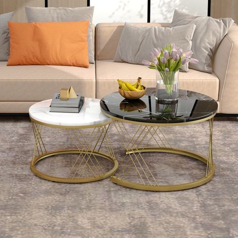 DESMIU Table basse gigogne ronde 2 pièces avec structure métal et rangement, style moderne, pour salon, noir (1/5)