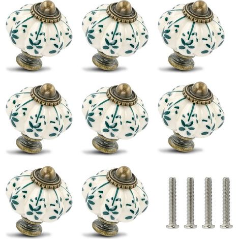 Kaelt - Dpzo – Lot de 12 boutons en céramique ivoire et verte – Forme citrouille – 12 vis de montage incluses – Pour armoires et tiroirs vintage (1/4)