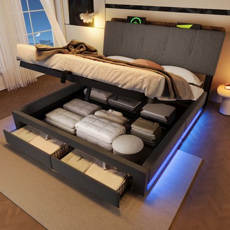 Lit Coffre 140x200 - Lit Double 140x200cm - Cadre de Lit 140x200cm avec USB/Type-C, LED App et Tiroirs Latéraux - Lin Gris (1/5)