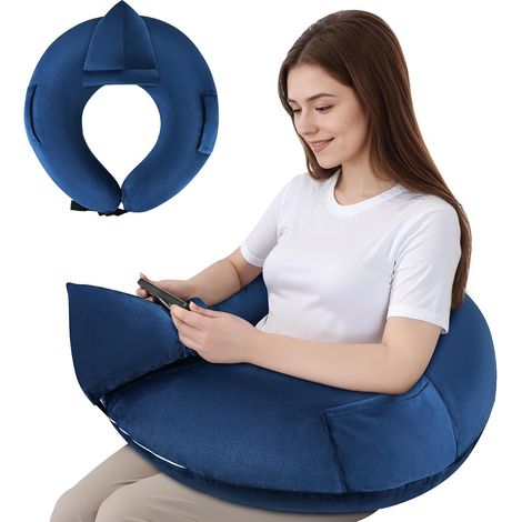 Coussin de lecture pour jeux, accoudoir, coussin de livre, coussin lap en forme de U avec poche latérale pour s'asseoir dans le lit, le canapé/le sol, coussin en crochet avec support pour tablette (1/5)