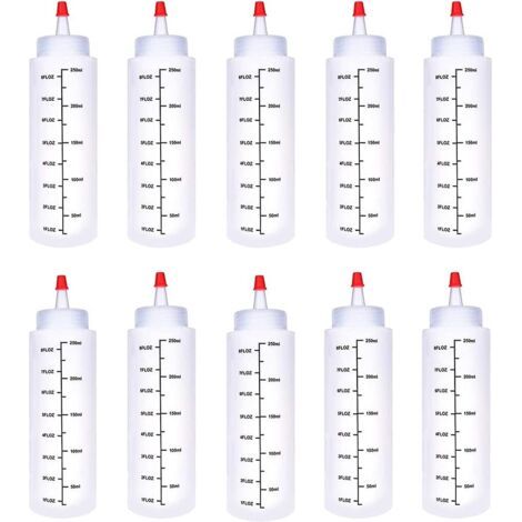 Sollbry 10 Pièces 250ml Sauce à Condiments Distributeur, Bouteilles En Ketchup, Bouteilles En Plastique Réutilisables Pour Condiments à Presser Avec Échelle Et Couvercles à Visser Pour Condiments (Bla (1/5)