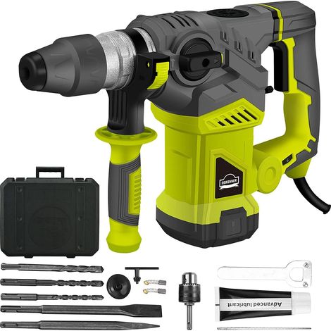 DEWINNER Marteau perforateur rotatif SDS Plus, contrôle des vibrations et embrayage de sécurité, 1500 W, très résistant, avec 3 forets, burins plats, burins pointus, mandrin, poignée rotative à 360° (1/5)