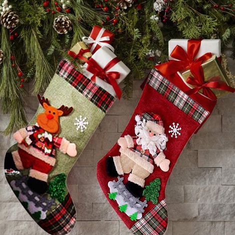 Lot de 2 chaussettes de Noël, sac cadeau Père Noël et rennes, décoration sapin cheminée, tissu non tissé (1/5)