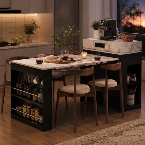 Îlot de cuisine extensible 83x46x96 cm en MDF noir, plateau effet marbre, gain de place – MEUBLIV (1/5)