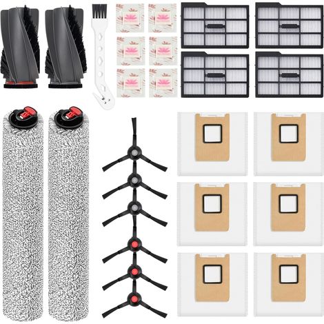 26 Stück Zubehör für eufy Omni E25/Omni E28,1 Paar Hauptbürsten, 2 Roller-Wischtücher, 4 Linker Filter, 6 Seitenbürsten, 6 Staubbeutel, 6 Flach-Duftstein, 1 Reinigungsbürste