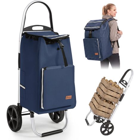 Sekey Aluminium Einkaufstrolley mit 2 Rollen, Trolly Einkaufswagen Klappbar mit Rucksack, Blau