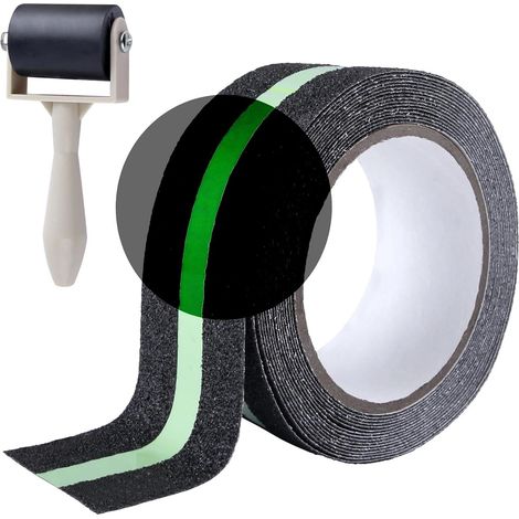 Ruban de traction antidérapant de 5,1 cm x 5,9 m avec rayures vert foncé phosphorescentes, réduit le risque de glissement pour marches d'escalier intérieures ou extérieures et autres (1/5)
