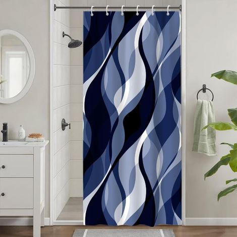 1 Rideau de douche, 90x180cm, Polyester imperméable, Motif rayé bleu marine, Avec 6 crochets, Pour cabine et baignoire