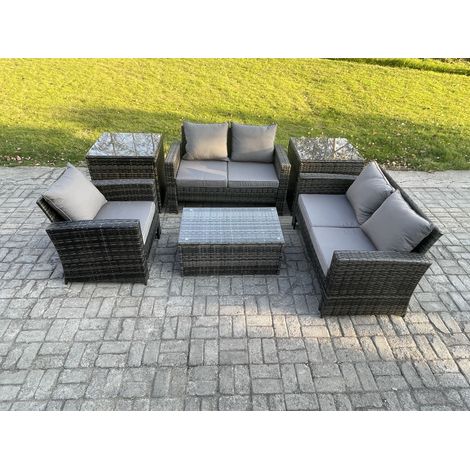 Fimous Rattan Garden Furniture Set 5 Seater Patio Outdoor Lounge Sofa Chair Set with 2 Side Tables Rectangular Coffee Table Dark Grey Mixed (1/5)