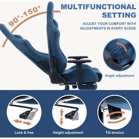 Chaise gaming respirante ANDYOU avec repose-pieds, réglable et pivotante, bleue (1/5)