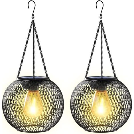 Set di 2 lanterne solari in metallo per esterni, impermeabili IP65, sospese, con accensione/spegnimento automatico, per patio, prato, tavolo e recinzione - Bianco caldo (1/4)