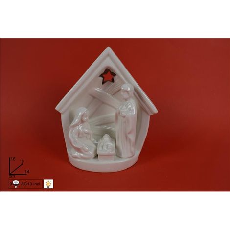 Decorazione Natale Presepe Natività in Ceramica Sacra Famiglia con Luce 16 cm