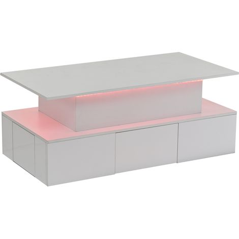 Mesa de centro elevable 100 x 50 x 40 cm blanca con LED, 4 cajones y almacenaje oculto, MDF (1/5)