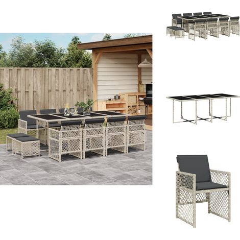 13-tlg. Garten-Essgruppe mit Kissen Hellgrau Poly Rattan - Gartengestell - Gartenmöbel Set - Gartentisch - Gartenstühle - Gartenhocker (1/5)