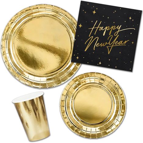 Set de vaisselle du Nouvel An en or pour 6 personnes, décorations dorées de table jetable pour réveil, 6 assiettes diamètre 23 cm, 6 assiettes diamètre 18 cm, 6 verres, 20 (1/5)
