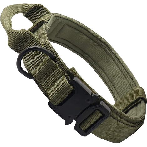 Collar táctico para perros con asa de control, collar militar de nailon ajustable, hebilla metálica, acolchado para perros de tamaño mediano, ideal para caza y entrenamiento al aire libre (verde-XL) (1/5)