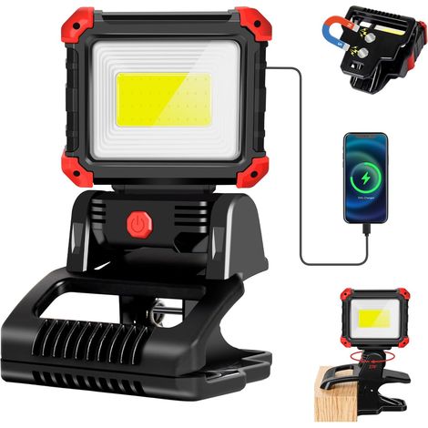 Projecteur LED Rechargeable, Pince & Aimant, 2100LM, 2600mAh  3 Modes d'éclairage, Rotation à 270°, Sortie USB, IPX5, Léger et Portable pour Camping, Atelier, Réparation, Urgence (1/5)