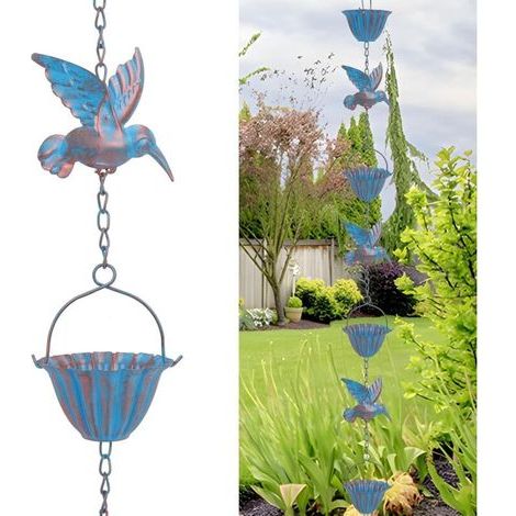 2.4m Rain Chain with Hummingbirds – Retro Blue Metal Chain, 7 Birds and 7 Cups for Gutters, Garden and Home Decoration (1/5)