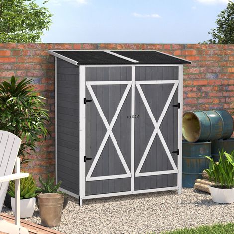 Outsunny Gartenschrank Geräteschuppen mit 2 Tür Geräteschrank mit Asphaltdach Gartenlagerschrank Antidumping Design mit Bodennägel Tannenholz Grau+Weiß 139 x 75 x 160 cm