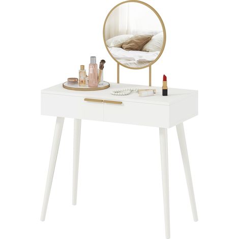 Elegant Dressing Table, Round Mirror, 80 x 40 x 123 cm - White (1/5)