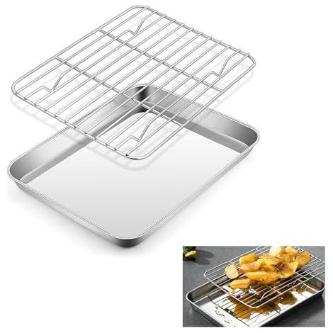 Plaque de Cuisson en Acier Inoxydable avec Grille de Refroidissement 26x20,5x2,5cm Bac Cuisson, Plaque à Pâtisserie avec Grille Plaque de Cuisson de Refroidissement, Plaque Pâtisserie et Grille (1/5)