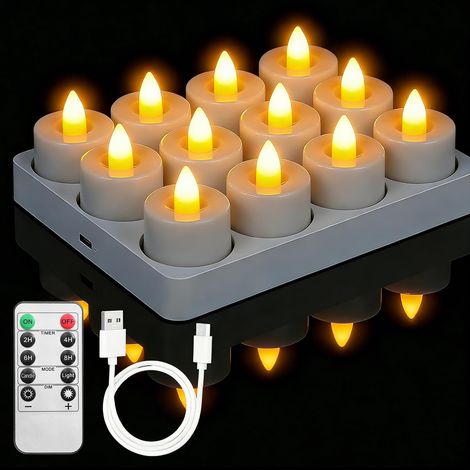 12 Bougies Chauffe-plat LED Rechargeables, Flamme Vacillante, Télécommande, Minuterie, Intérieur (1/5)