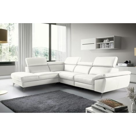 - Canapé d'angle en 100% tout cuir épais de luxe italien, 5/6 places KASINI, blanc cassé, angle gauche (1/4)