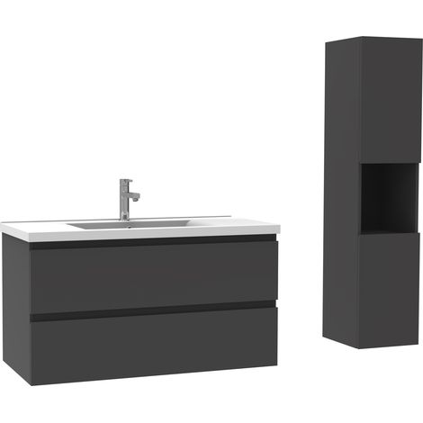 Ocean Ensemble meuble Salle de Bain simple vasque décor Anthracite 100cm+ vasque + colonne (1/5)