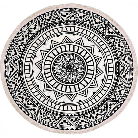Tapis rond, 120 cm, tapis rond à franges, antidérapant, tissé à la main et facile à nettoyer, motif mandala bohème, tapis en coton-Fei Yu (1/5)