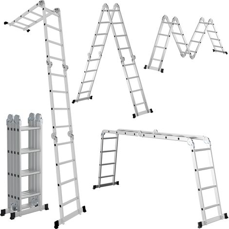 Jiubiaz Escalera articulada multiusos 7 en 1 de aluminio, 4x4 peldaños, aprox. 470 cm / 4,7 m, plegable, antideslizante, carga máxima 150 kg (1/5)